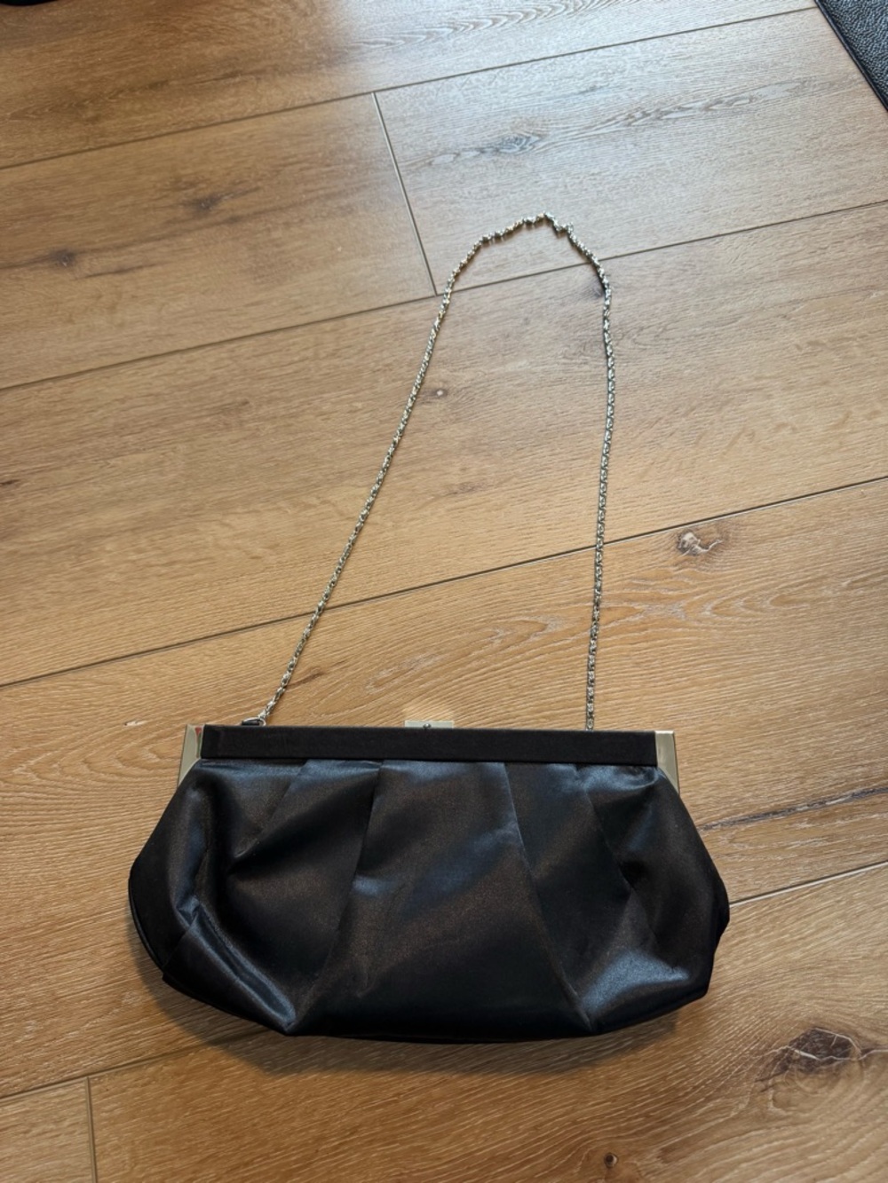 VTG Worthington Black Satin Clutch Purse Silver Chain Shoulder Bag 12”x6”
